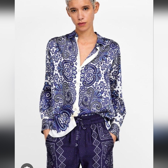 Zara Paisley Printed Silky Button Down Blouse Small - Picture 1 of 8